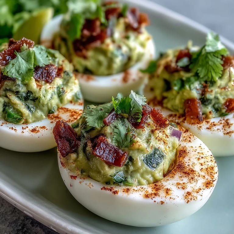 Classic deviled eggs reimagined with smooth guacamole, diced tomato, and jalapeño for a colorful, Mexican-inspired appetizer.