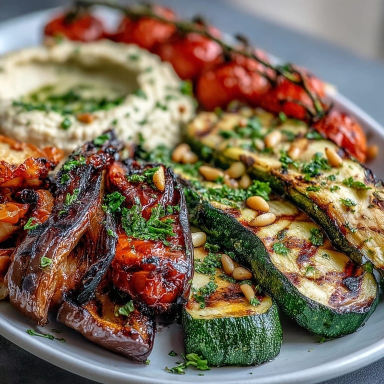 Vibrant grilled vegetables served with smooth hummus, garnished with parsley and pine nuts for a Mediterranean side dish.  