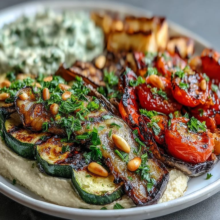 Healthy grilled vegetable platter with homemade hummus, drizzled with olive oil and ideal for vegan or gluten-free diets.