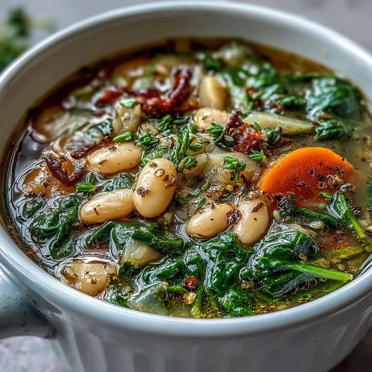 Slow-cooked Tuscan white bean and spinach soup featuring hearty cannellini beans, fresh baby spinach, and Italian seasonings in a savory broth.