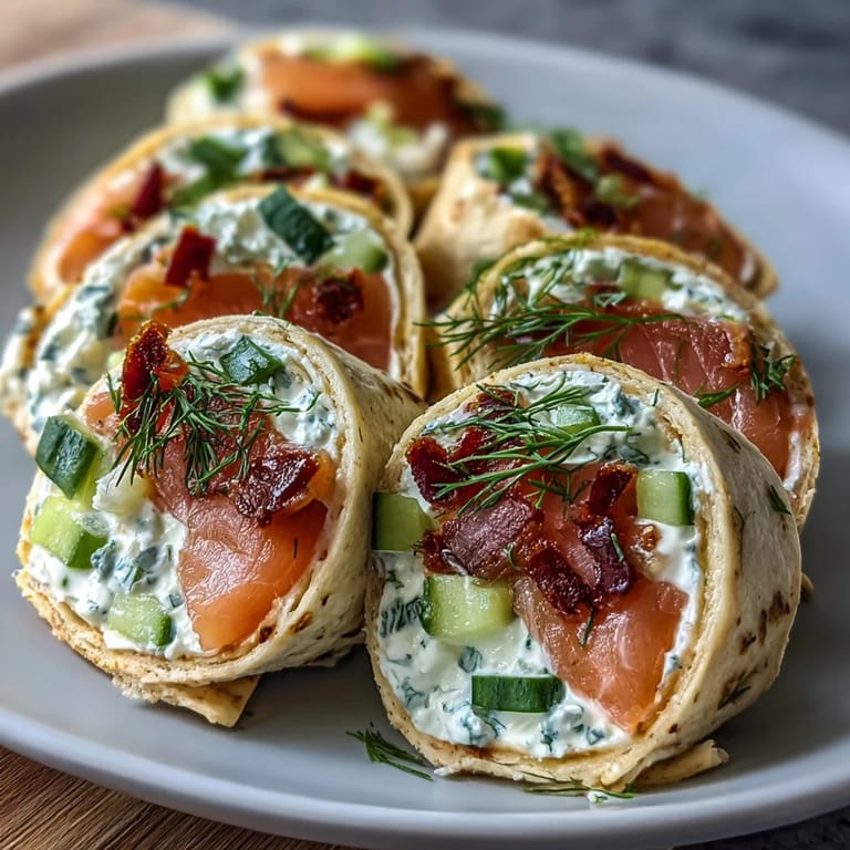 Elegant Smoked Salmon & Cucumber Cream Cheese Pinwheels—a perfect party appetizer with layers of smoked salmon, cucumber, and herbed cream cheese.