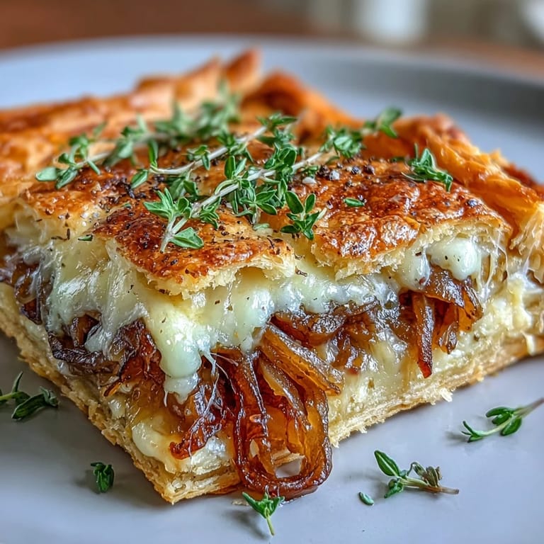 Savory French Onion Puff Pastry Tart featuring sweet caramelized onions, melted Gruyère, and fresh thyme atop golden, buttery puff pastry—a classic French-inspired dish.