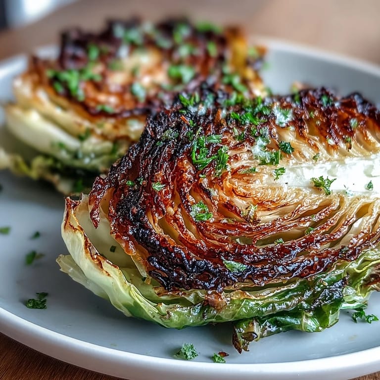 Thick-cut cabbage steaks caramelized to crispy edges and tender centers, drizzled with olive oil, garlic, and smoky paprika.