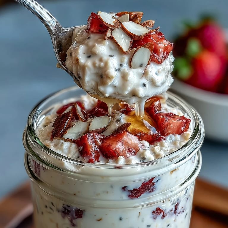 Strawberry vanilla overnight oats served in a bowl with extra fresh strawberries and a sprinkle of sliced almonds for crunch.