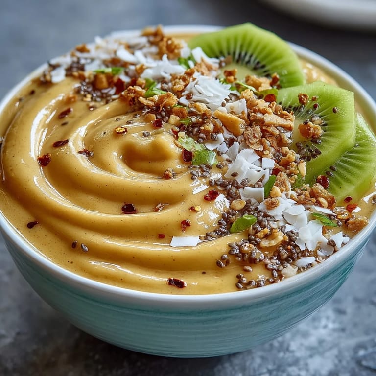 Tropical mango chili lime smoothie bowl bursting with flavor, ready to eat.