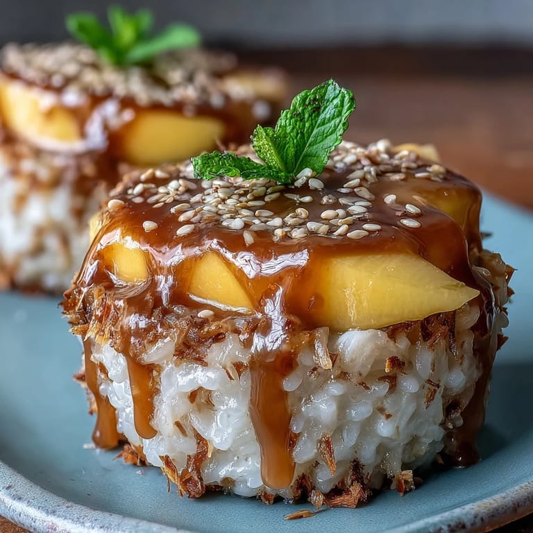 Individual cups of warm Mango Sticky Rice, drizzled with sweet coconut milk sauce.