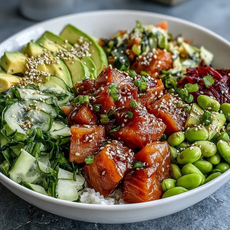 Deliciously composed salmon poke bowl, brimming with marinated fish and greens.