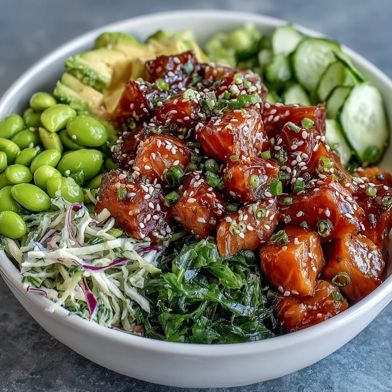 Hawaiian salmon poke bowl, a colorful seafood delight ready for lunch.