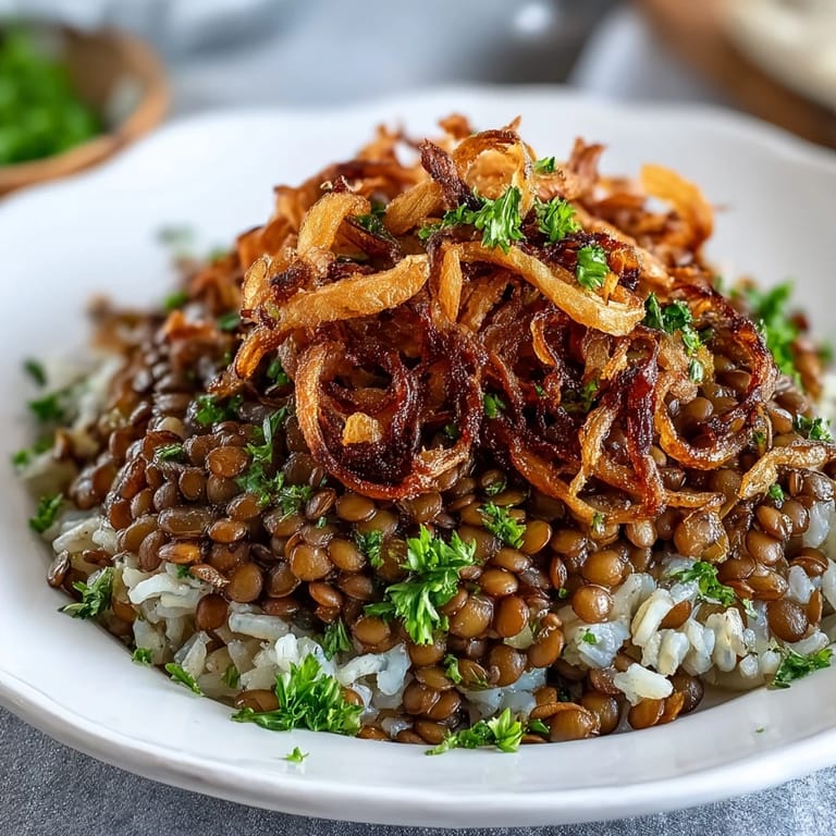Aromatic Levantine Mujadara, a hearty vegetarian dish crowned with irresistibly crunchy fried onions.