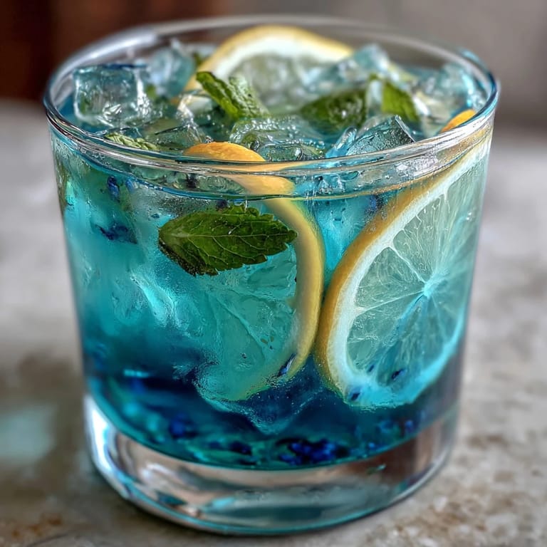 Close-up of colorful Butterfly Pea Flower Lemonade, garnished with lemon and mint.