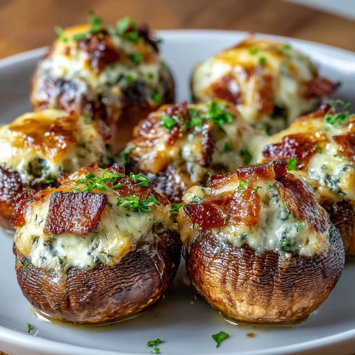 Keto bacon and cheese stuffed mushrooms bursting with creamy filling and crispy bacon, baked to golden perfection.  