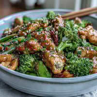A colorful stir-fry with tender chicken, crisp broccoli, and snap peas in a light Asian-inspired sauce, served hot from the skillet.