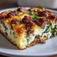 Keto sausage, egg, and spinach breakfast bake with savory sausage, fluffy eggs, and melted cheddar cheese.