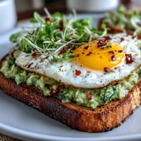 A slice of whole grain toast topped with creamy mashed avocado, a soft-boiled egg, and vibrant microgreens, sprinkled with chili flakes for a hint of heat.