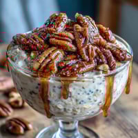 Creamy overnight oats topped with crunchy candied pecans and a sweet maple syrup drizzle for a satisfying breakfast.