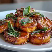 A warm, golden tray of candied yams with brown butter and sage, glazed in rich maple syrup and brown sugar.