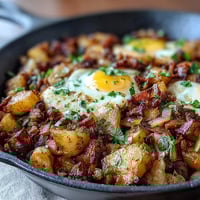 Hearty corned beef hash breakfast skillet with crispy potatoes and perfectly cooked eggs, ideal for a savory morning meal.  