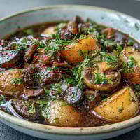 A hearty, comforting vegan Irish stew with savory mushroom meat and tender root vegetables in a rich vegetable broth.