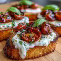 Crispy crostini topped with creamy burrata cheese and sweet roasted cherry tomatoes, garnished with fresh basil and olive oil.