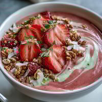 Strawberry Matcha Latte Smoothie Bowl with vibrant pink smoothie base, topped with fresh strawberries, crunchy granola, and a sprinkle of matcha powder for a nourishing breakfast treat.
