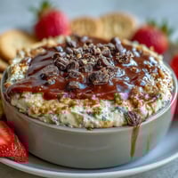 Creamy cottage cheese cookie dough dip with chocolate chips served alongside fresh strawberries and apple slices for a healthy, protein-packed treat.  