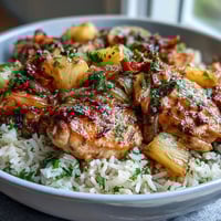 Baked Pineapple Chicken and Rice Casserole with golden, bubbly cheese topping and juicy pineapple chunks.