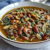 A steaming bowl of Soul Food Black-Eyed Pea and Collard Green Stew with tender greens and smoky, hearty flavors.