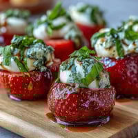 Fresh strawberry caprese skewers with mozzarella and basil, drizzled with balsamic reduction for a vibrant summer appetizer.  