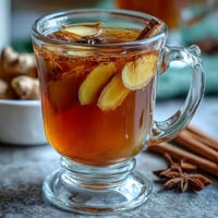 A steaming mug of dandelion root tea with ginger and turmeric, its golden hue inviting and warm.