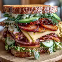 A colorful deli sandwich board with assorted breads, meats, cheeses, and fresh vegetables for customizable creations.