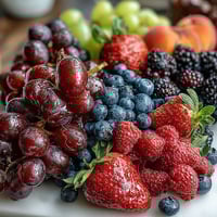 A vibrant fruit table with edible flowers, featuring colorful grapes, berries, and citrus arranged for a festive grad party centerpiece.