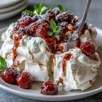 Delicate pavlova shell with soft marshmallow center, topped with fluffy whipped cream and vibrant mixed berries for a stunning Mothers Day dessert.