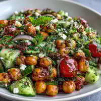 Cold Chickpea Salad with Lemon Herbs: a colorful bowl of crisp cucumbers, juicy tomatoes, and fresh herbs tossed with zesty lemon dressing.