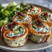 Smoked Salmon & Cucumber Cream Cheese Pinwheels with silky smoked salmon, crisp cucumber, and creamy dill spread on soft tortillas.