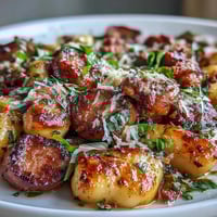 Golden, crisped gnocchi roasted with juicy Italian sausage and sweet bell peppers for a hearty one-pan dinner.  