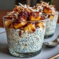 Vibrant chia pudding with fresh mango and toasted coconut flakes in a glass jar.