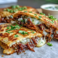 Cheesy Cinco de Mayo birria quesadillas with spicy consommé for dipping.